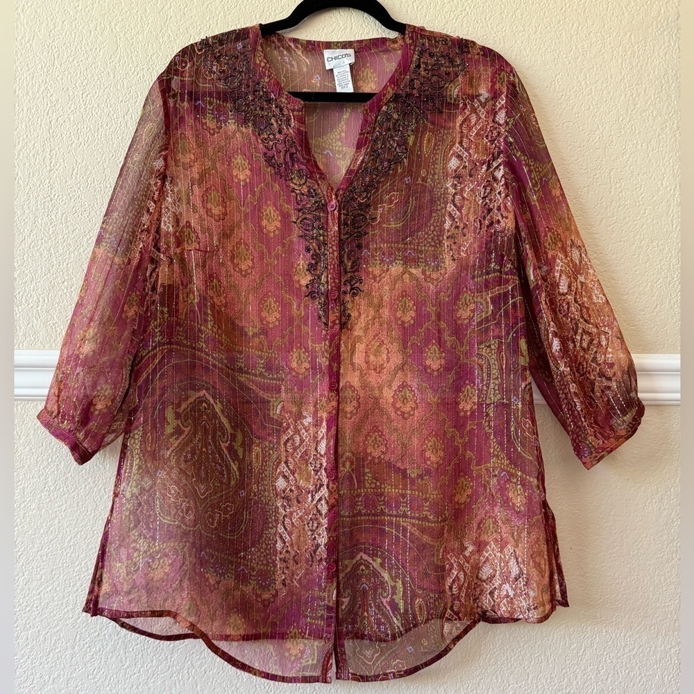 Chico’s Silk Sheer Beaded Delicate Boho Button Front Cardigan Paisley Size Large